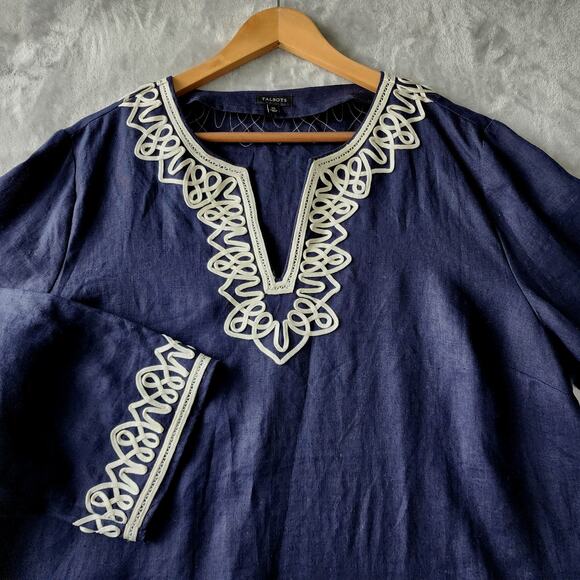 Talbots Linen Top Womens Size XL Ribbon Trim Navy Blue Pullover 100% - Picture 1 of 8